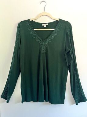 J. Jill Dark Green Embroidered Festive V-Neck Long Sleeve Top Holiday Luxury M